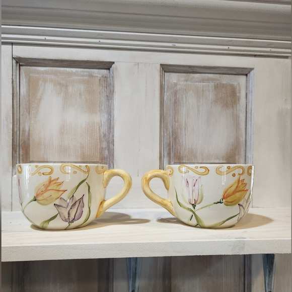 Crate&Barrel Mugs Flora Wide Mouthed Set Of 2 16 Oz Vintage - Picture 2 of 7